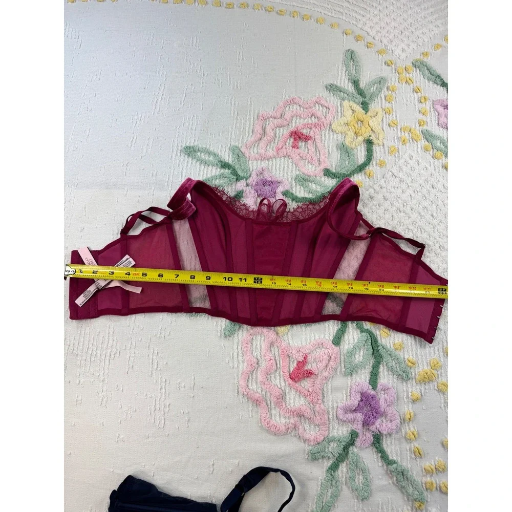 Victoria's‎ Secret Corset Bustier Top Set Floral Lace Up Burgundy Navy  xs - Picture 5 of 15